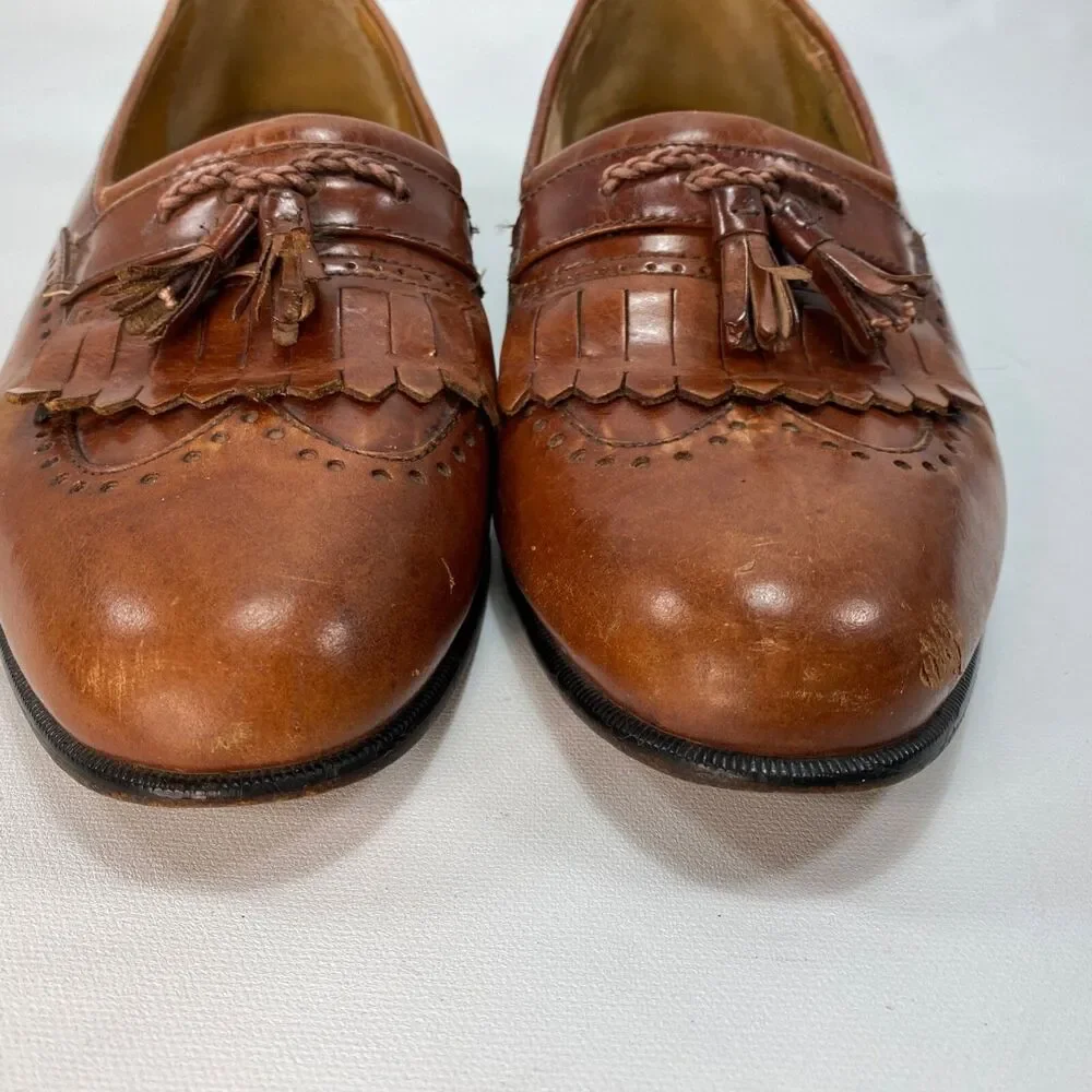 Mens Stacy Adams Cognac Wingtip Oxford Leather Dress Shoes Size 9M Slipon Brazil